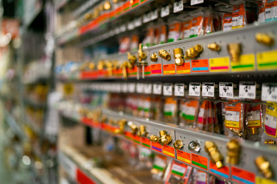 Shelves of fittings and parts with printed price labels