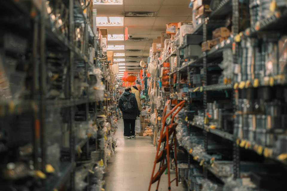 A stocked warehouse aisle